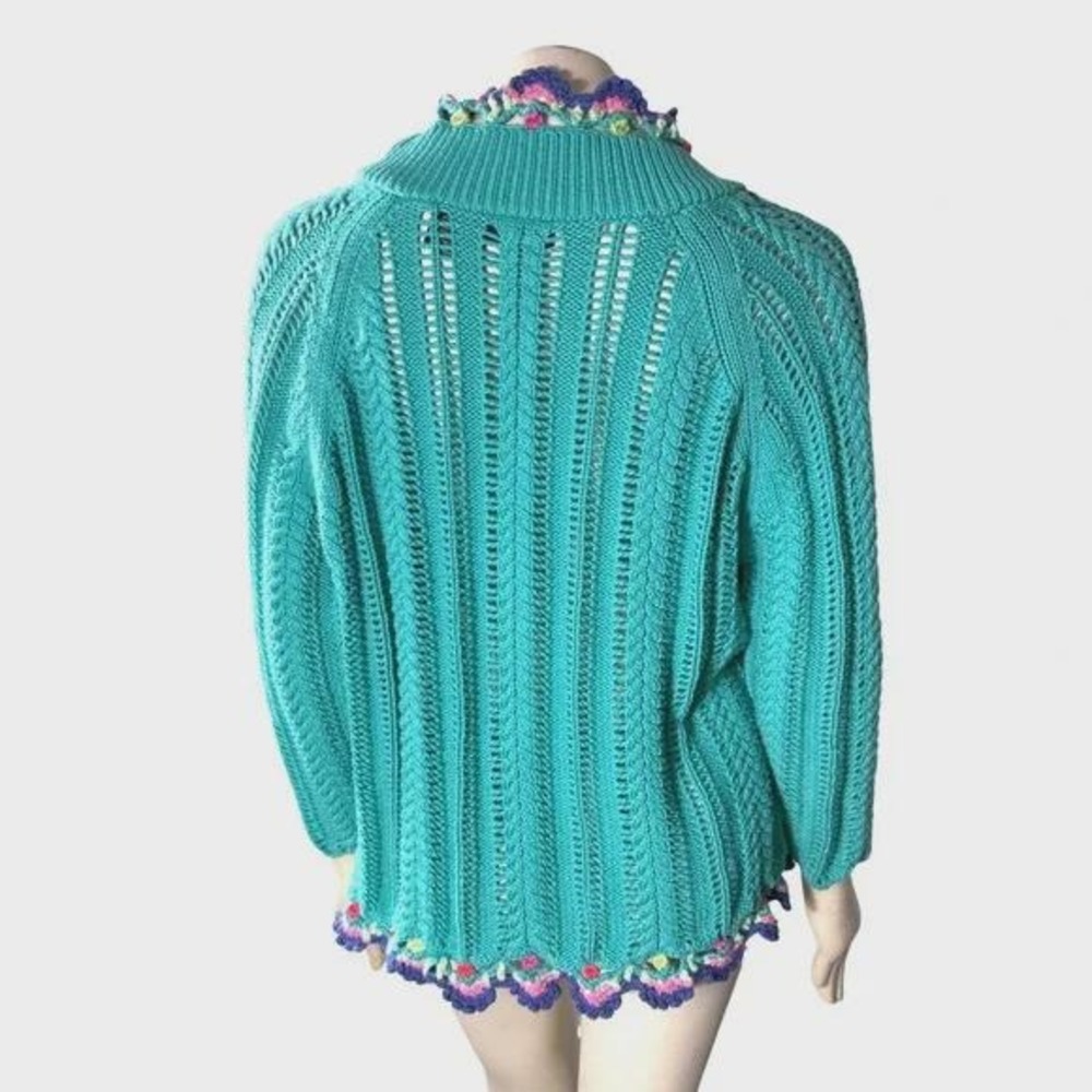 Relativity Teal Crochet Knit Cardigan Open Front Boho Tie Sweater Cottagecore - Picture 3 of 8